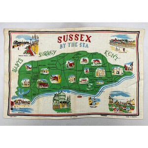 SUSSEX BY THE SEA Commemorative Tea Towel FAST COLOUR GREENISLE Linen Ireland